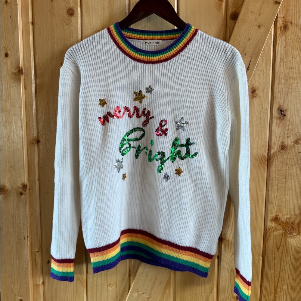 Main Strip White Christmas Sweater with Rainbow Accents